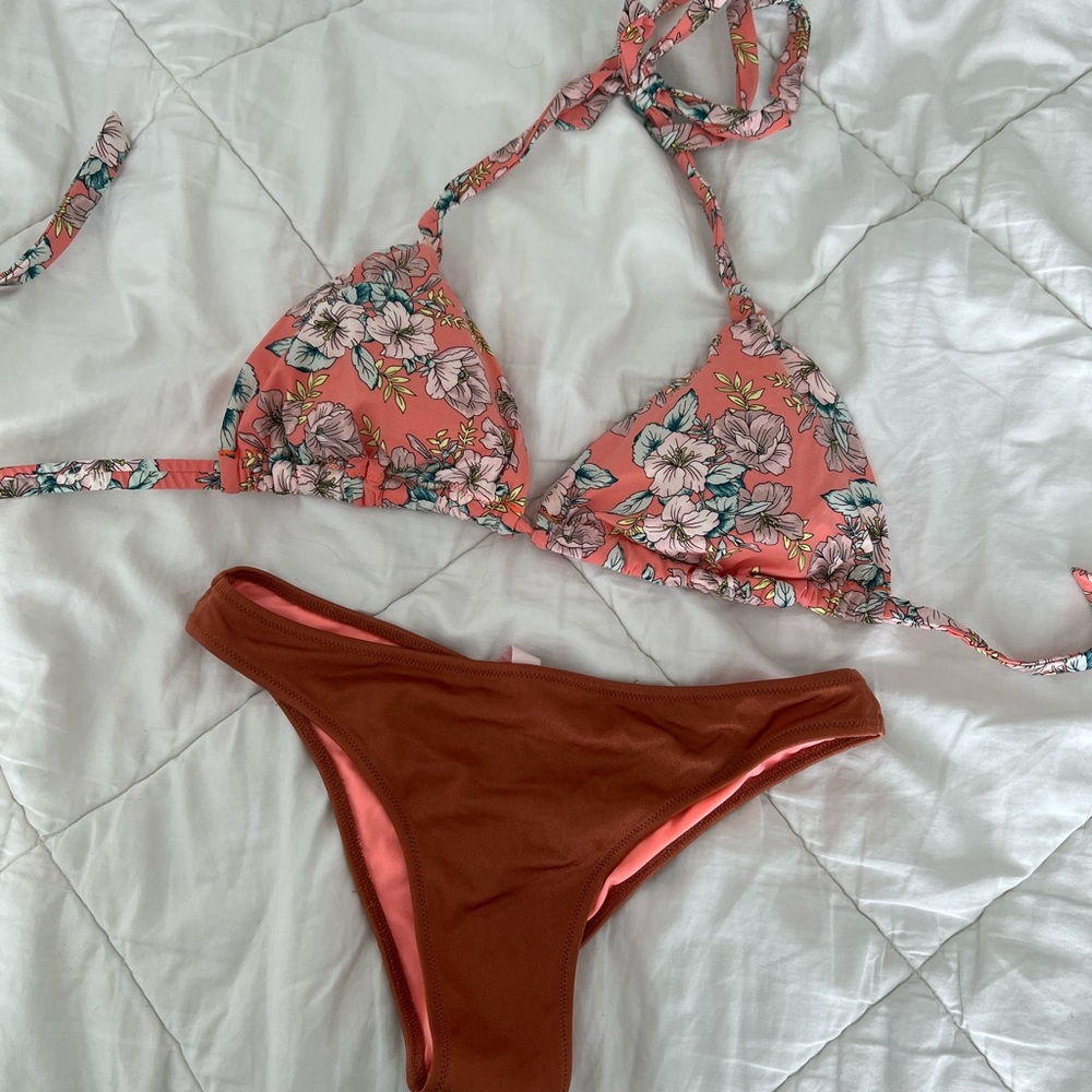 Orange coral, copper. Floral bikini triangle set.